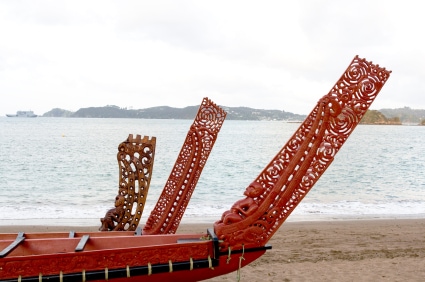 Wooden carved Maori war canoes