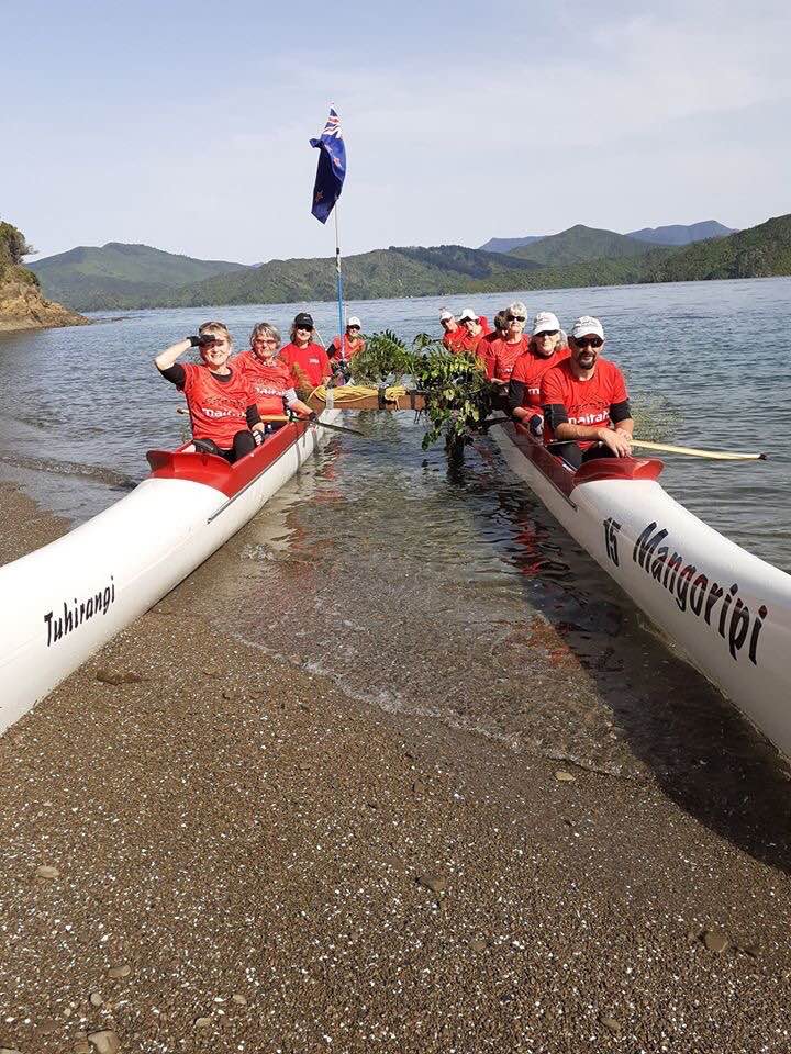Maitahi paddlers meeting the Endeavour in Picton for Tuia 250